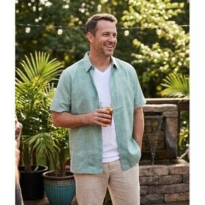 Cafe Luna Men's Large Guayabera Shirt Malachite Green SS Woven Embroidered NWT